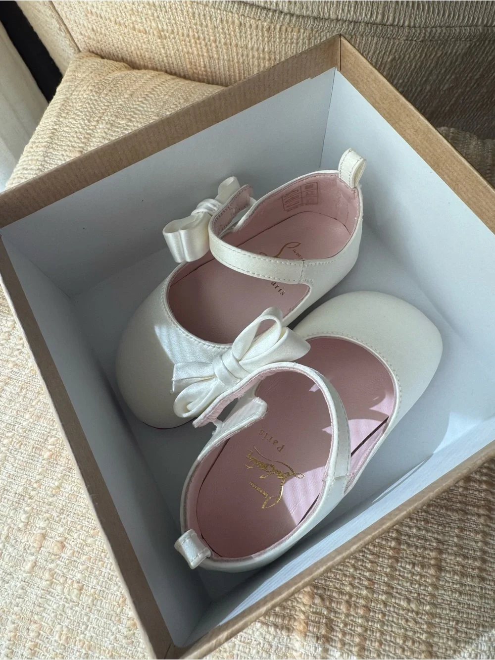 Christian Louboutin Ivory Satin Bow Ballet Flats with Red Sole